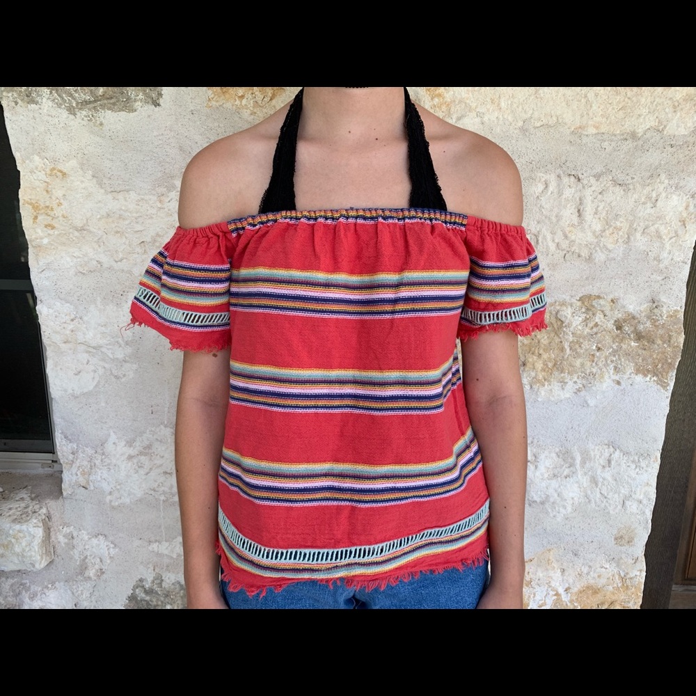 Red Multicolored Striped off the shoulder top SZ S